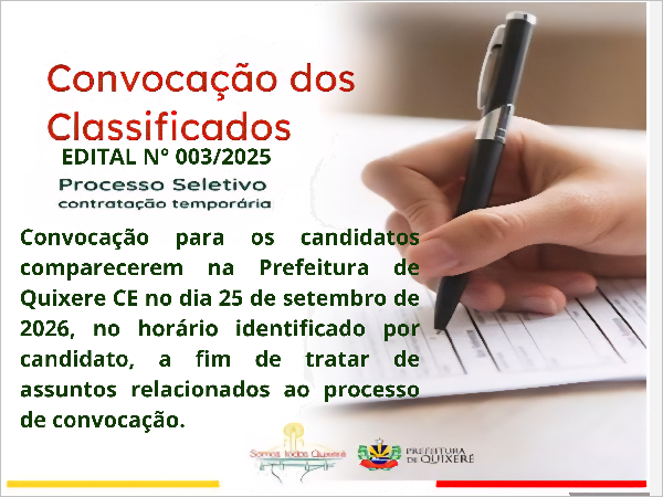 Convocação dos candidatos classificados da seleção pública para contratação temporária